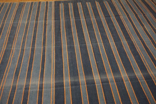 Low-pile rug featuring alternating dark and light blue stripes defined by thin orange lines.