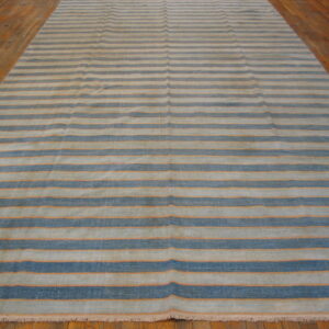 A large rug with alternating light and dark blue horizontal stripes framed by thin orange lines on a wood floor.