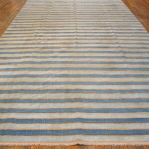 Blue and light gray striped rug with thin orange accents resting on a wooden floor.