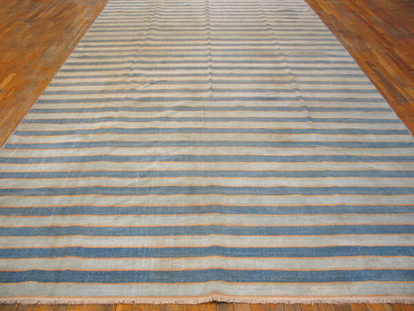 Blue and light gray striped rug with thin orange accents resting on a wooden floor.