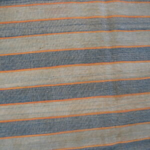 Blue and light tan flatweave rug with wide horizontal stripes bordered by thin orange and yellow lines.