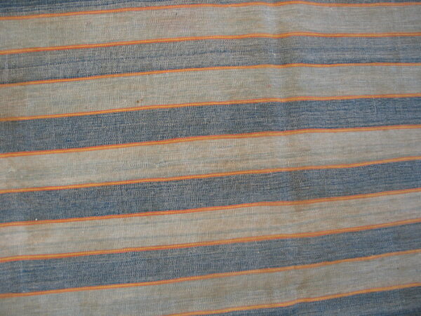 Blue and light tan flatweave rug with wide horizontal stripes bordered by thin orange and yellow lines.