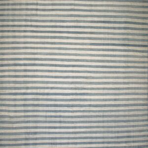 Distressed rug with uneven horizontal stripes in muted blue and light gray tones.