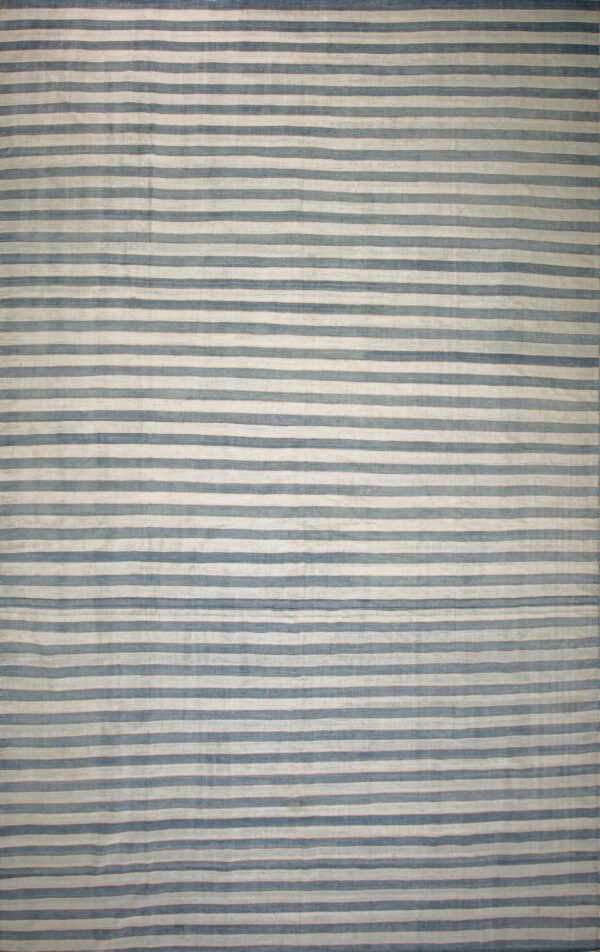 Distressed rug with uneven horizontal stripes in muted blue and light gray tones.
