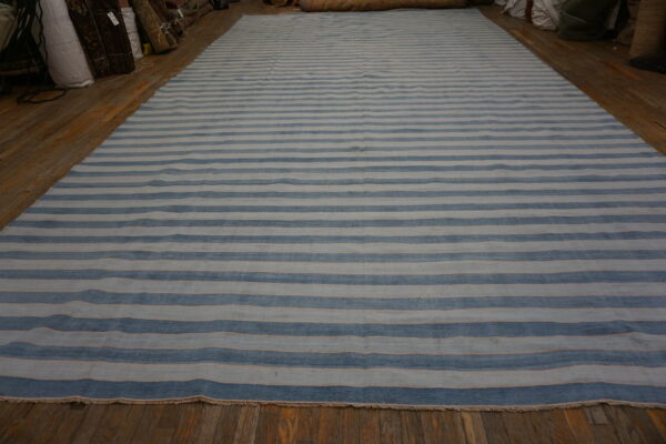 Wide, low-pile rug with irregular blue and pale blue stripes laid on shiny wood plank flooring.