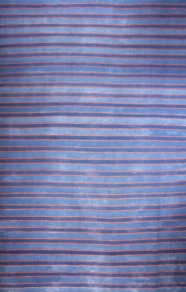 Wide horizontal stripes of faded blue and navy are separated by thin lines of orange-red color.