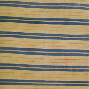 Striped rug with alternating wide yellow bands and thick navy blue horizontal stripes accented by red.
