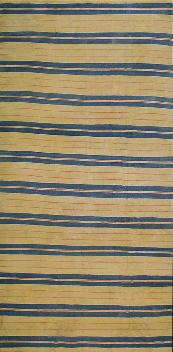 Striped rug with alternating wide yellow bands and thick navy blue horizontal stripes accented by red.