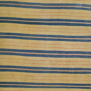 A low-pile runner rug featuring alternating broad horizontal stripes of light beige, dark blue, and thin red lines.