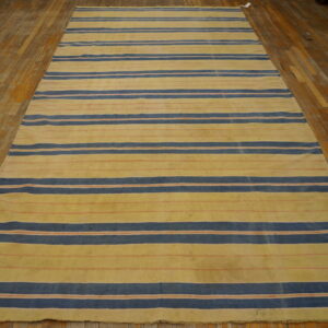 Low-pile rug with wide horizontal stripes in yellow, navy blue, and thin coral on a wooden floor.
