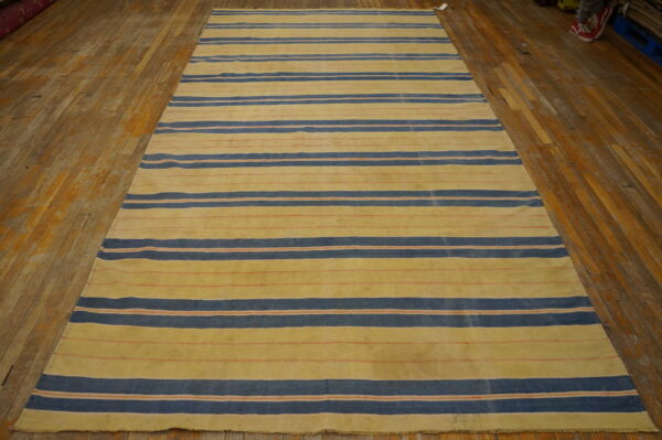 Low-pile rug with wide horizontal stripes in yellow, navy blue, and thin coral on a wooden floor.