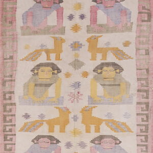 Long flatwoven rug with an off-white field and stylized human figures, animals, and geometric motifs in pastel colors.