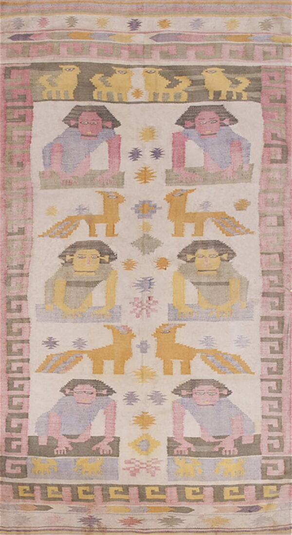 Long flatwoven rug with an off-white field and stylized human figures, animals, and geometric motifs in pastel colors.