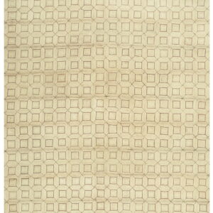 Textured beige rug featuring a continuous geometric grid of intersecting squares in dark brown.