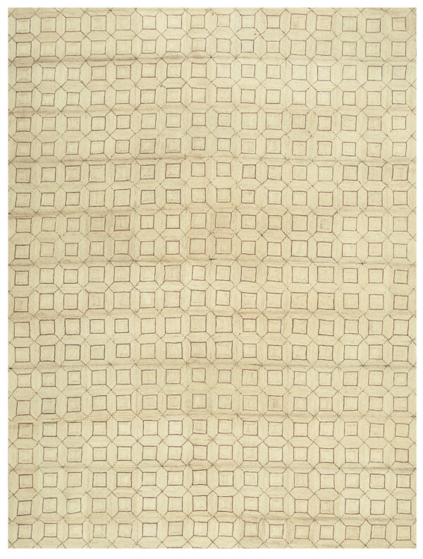 Textured beige rug featuring a continuous geometric grid of intersecting squares in dark brown.
