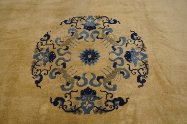 A tan rug featuring a central medallion pattern in dark blue, light blue, and gray.