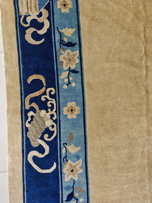 A high-pile tan rug features a complex border strip with dark blue scrollwork and light blue floral patterns.