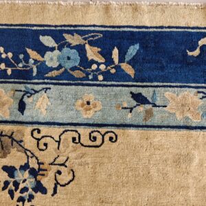 Tan high-pile rug with dark blue borders and light blue and beige scrolling floral designs.