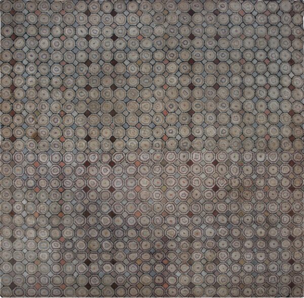 Antique square room size american folk art hooked penny rug