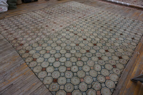 Antique square room size american folk art hooked penny rug - image 4