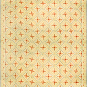 Rectangular rug with a pale yellow background, featuring an all-over orange floral pattern inside a blue and green trellis.
