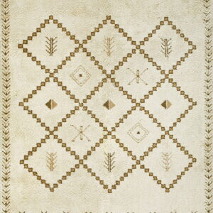Shaggy cream rug featuring brown geometric diamond lattice patterns and various small tribal motifs.