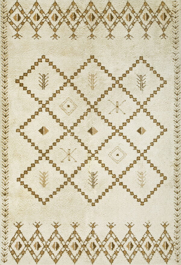 Shaggy cream rug featuring brown geometric diamond lattice patterns and various small tribal motifs.