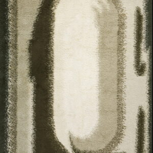 Shag rug displaying abstract, curvilinear bands of dark green, moss green, and cream white.