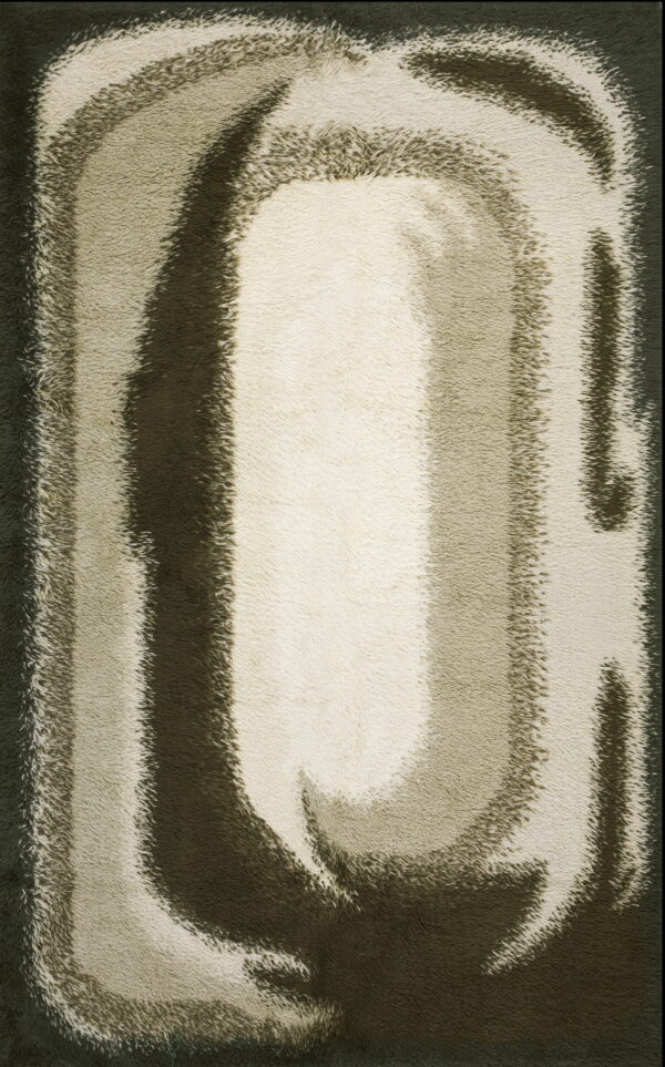 Shag rug displaying abstract, curvilinear bands of dark green, moss green, and cream white.