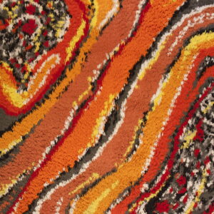 Textured high-pile rug detail showing swirling bands of orange, yellow, red, gray, and black.