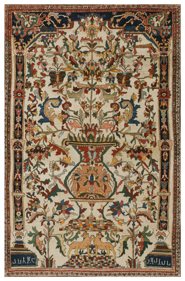 Ivory rug displaying a detailed multicolored floral tree of life pattern, vase, and stylized animal figures.