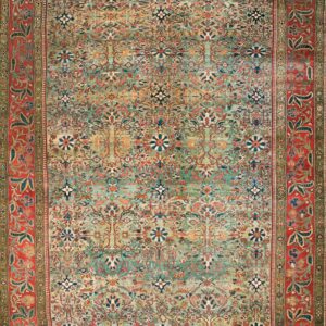 Intricate low-pile rug featuring a multi-colored teal field pattern and a vibrant red floral main border.