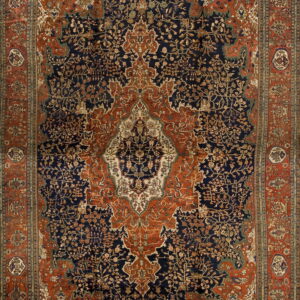 Traditional rug featuring a dark navy field, elaborate central medallion, and terracotta floral borders.