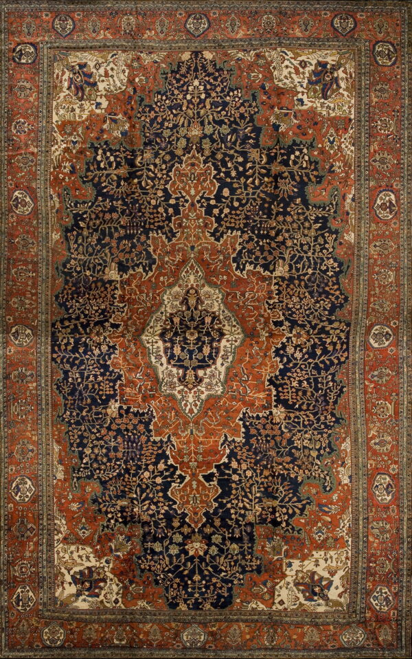 Traditional rug featuring a dark navy field, elaborate central medallion, and terracotta floral borders.