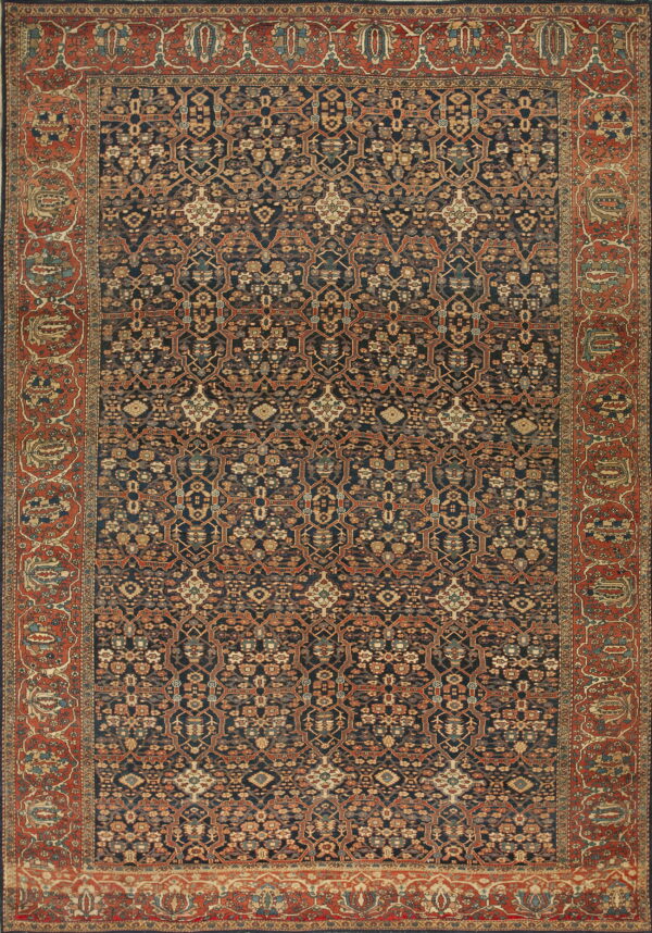 Navy and rust patterned rug featuring an all-over intricate design and a wide terracotta border.