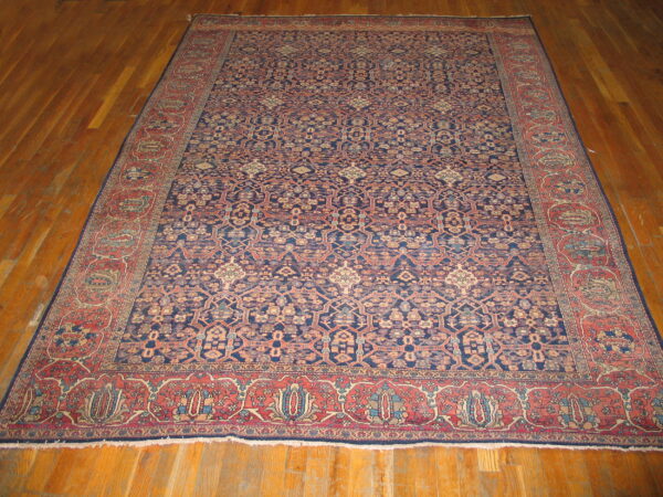 Intricate blue and red patterned rug with fringes resting on polished wood planks.