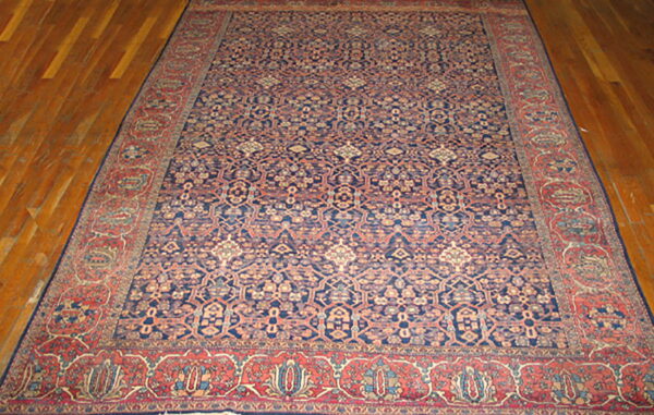 Large, patterned low-pile rug in dark blue and rust red lies on polished hardwood floorboards.