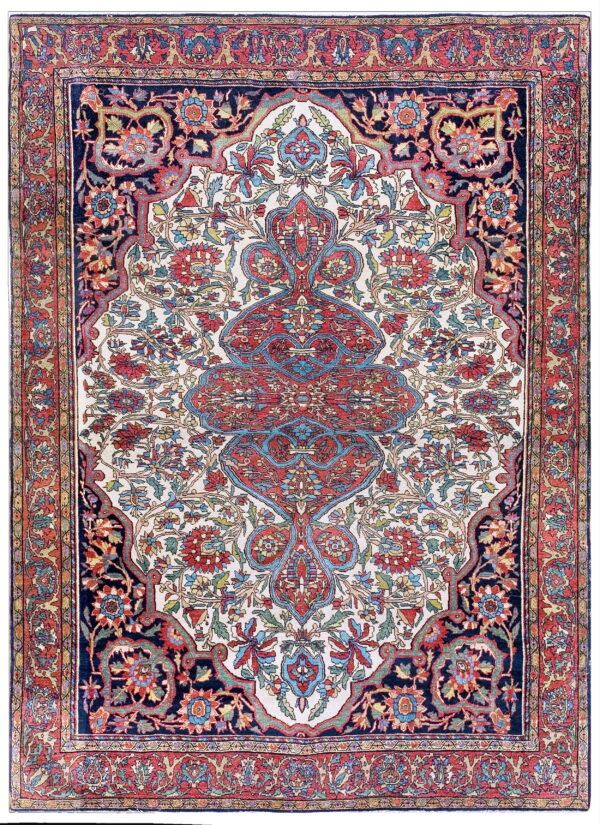 Highly detailed rug featuring a multicolored floral pattern on an ivory ground with a navy border.
