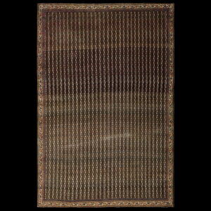 Dark brown rug with narrow vertical stripes and an elaborate multicolored geometric border against black.