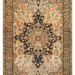 Traditional rug displaying a dark center medallion, cream field, and terracotta floral motifs.