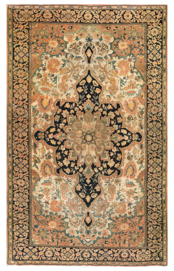 Traditional rug displaying a dark center medallion, cream field, and terracotta floral motifs.