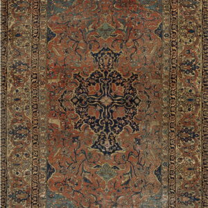 Traditional rug with a navy medallion on a rust field, complex floral borders, and faded blue accents.