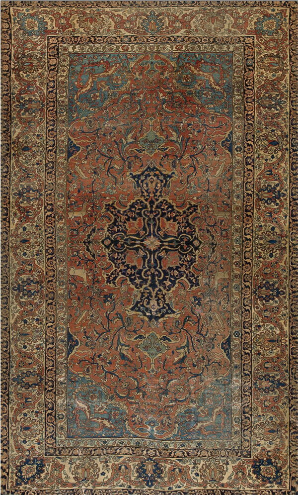 Traditional rug with a navy medallion on a rust field, complex floral borders, and faded blue accents.