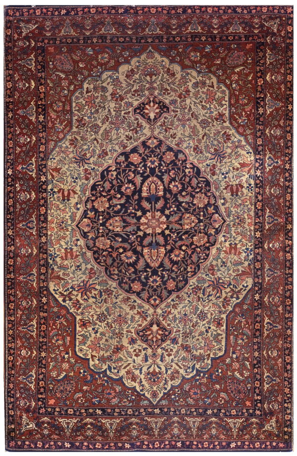 Ornate floral rug featuring a navy medallion, cream spandrels, and a complex rust-toned border.