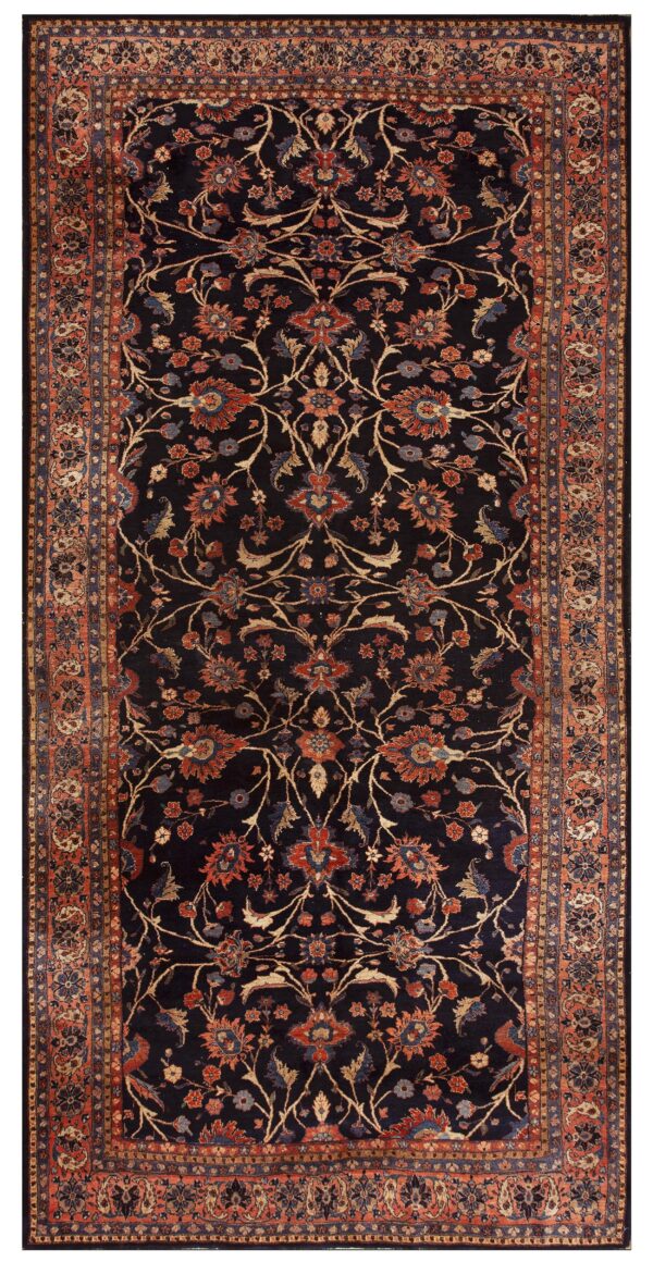 Dark blue runner rug featuring an elaborate field of terracotta, gold, and blue traditional scrolling vines.