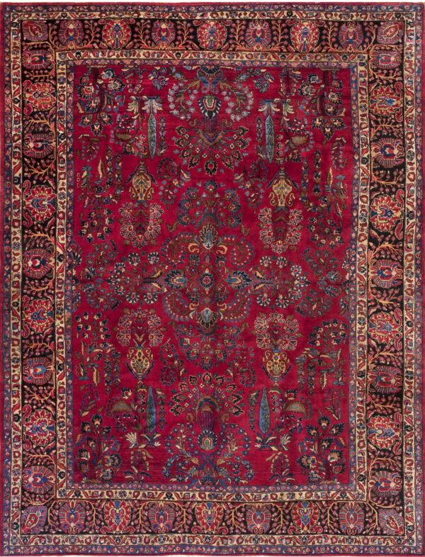 Intricate red rug featuring an all-over botanical pattern and multi-layered black and gold borders.