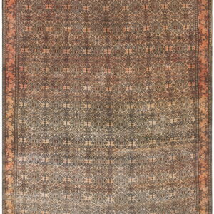 A rectangular area rug featuring dense dark botanical patterns over a heavily faded beige and terracotta field.