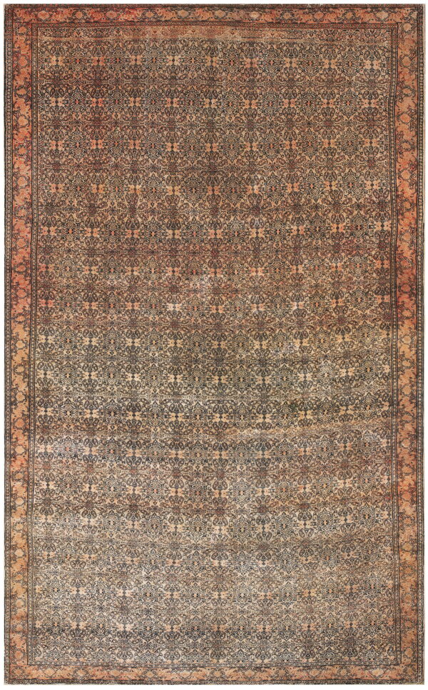 A rectangular area rug featuring dense dark botanical patterns over a heavily faded beige and terracotta field.