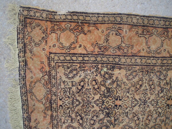 Distressed apricot and tan patterned rug corner with dark outlining and light fringe on concrete.