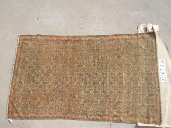 Tan and dark brown low-pile rug with repeating floral medallions displayed on a cracked concrete floor.